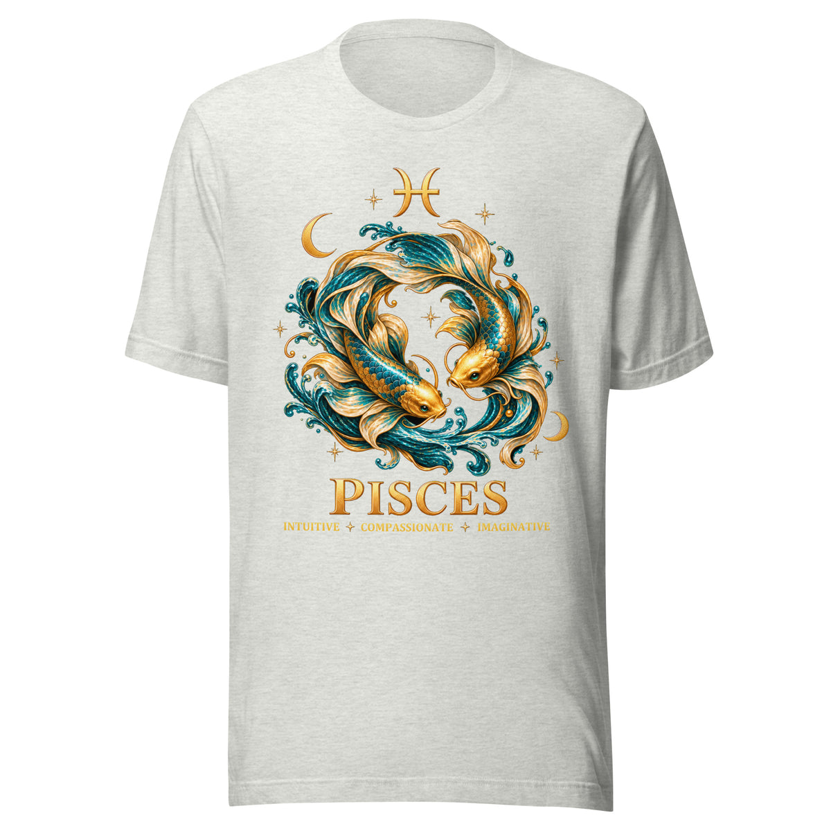 Pisces zodiac t-shirt in ash, front: two gold and teal koi in a night sky of gold stars with the Pisces glyph