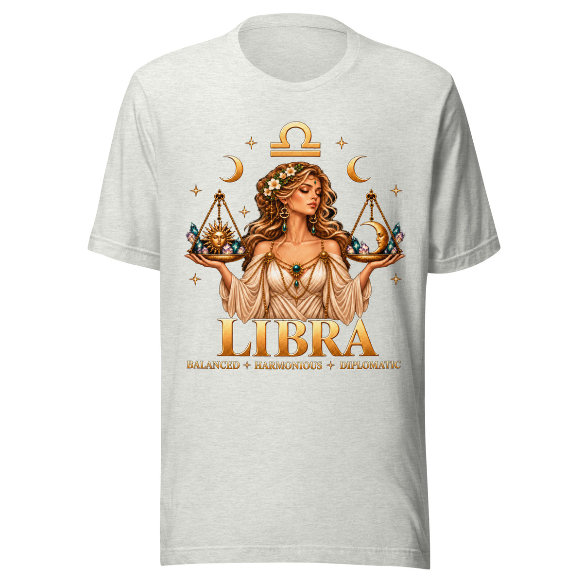 Libra zodiac t-shirt in ash, front: a woman holding golden scales in a night sky of gold stars with the Libra glyph