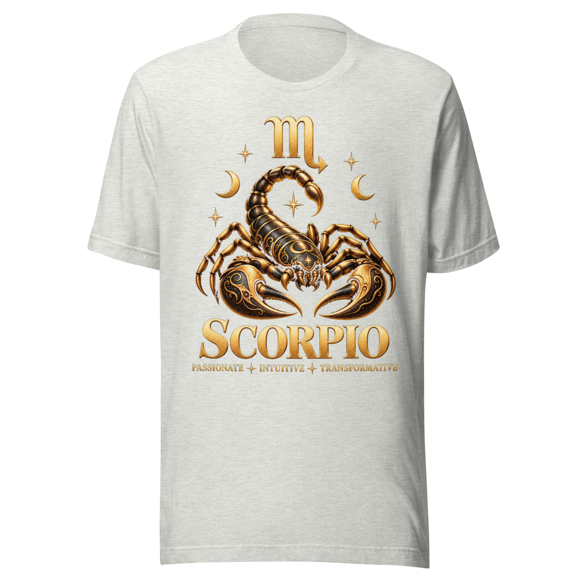 Scorpio zodiac t-shirt in ash, front: a golden scorpion in a night sky of gold stars with the Scorpio glyph