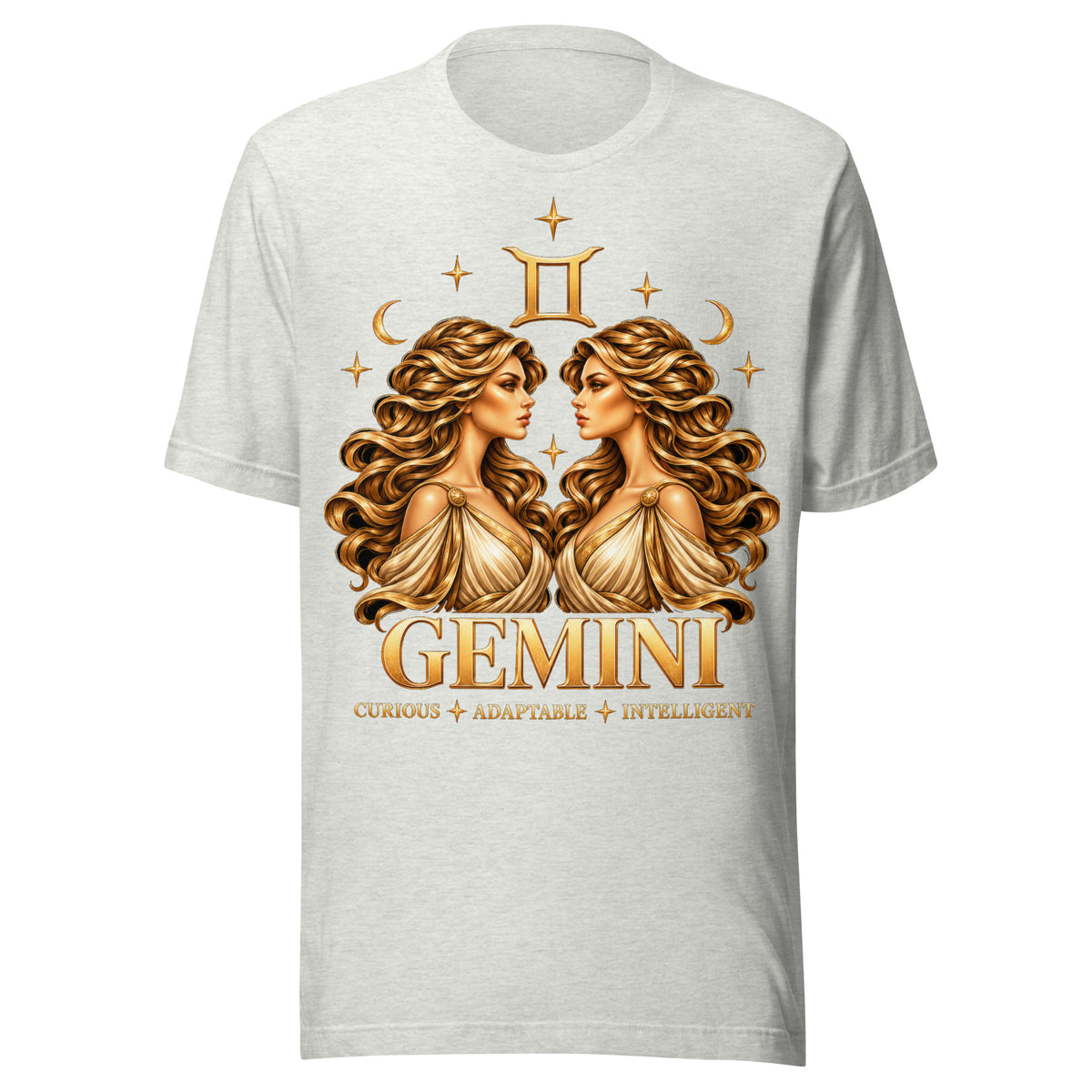Gemini zodiac t-shirt in ash, front: golden twins face to face in a night sky of gold stars