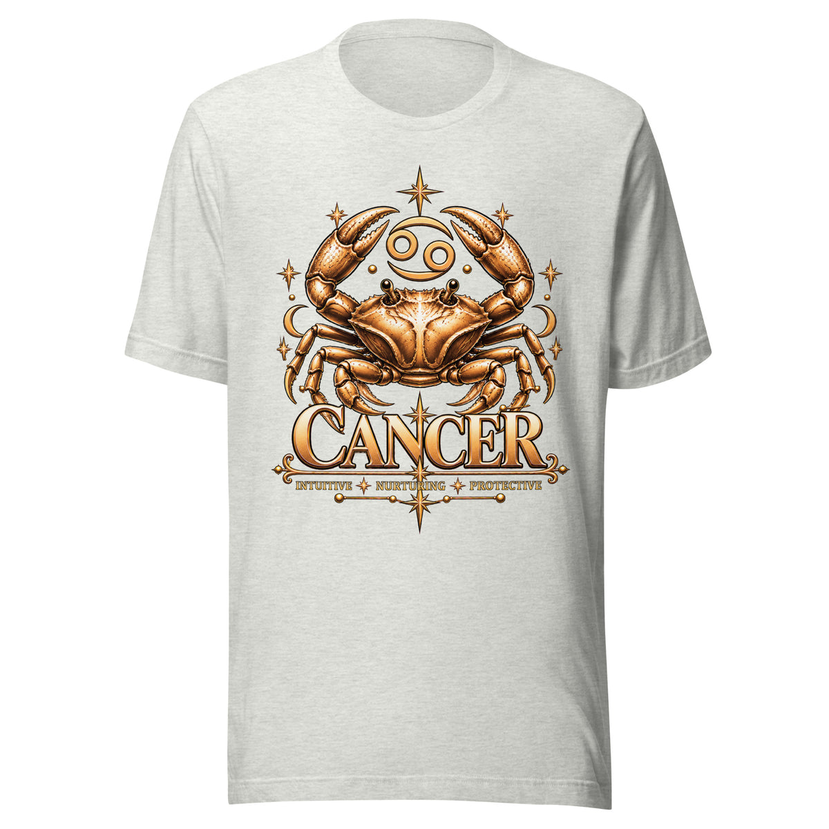 Cancer zodiac t-shirt in ash, front: a golden crab with claws raised in a night sky of gold stars