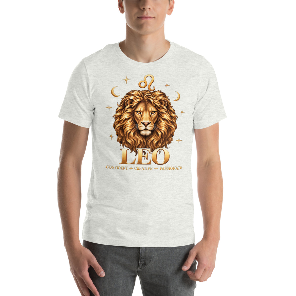 Leo zodiac t-shirt in ash, front: a golden lion with a full flowing mane in a night sky of gold stars