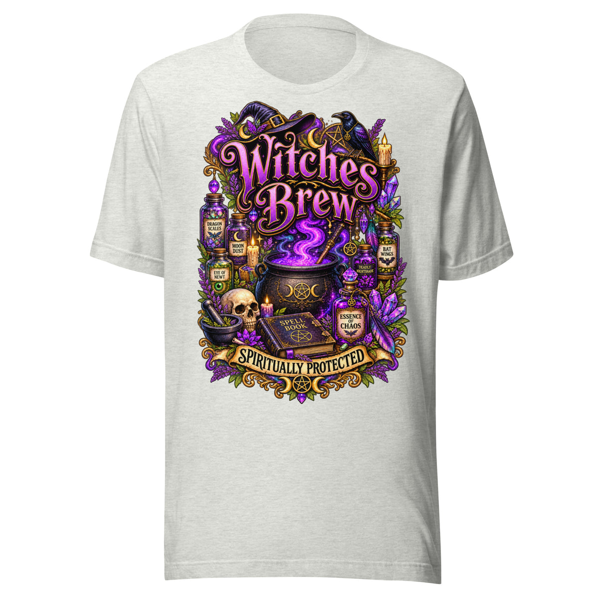 Witches Brew Spiritually Protected design, a bubbling cauldron with potion jars, on an ash unisex t-shirt, front view