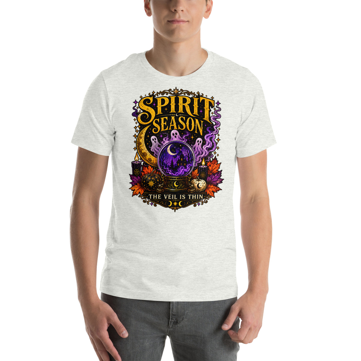 Spirit Season The Veil Is Thin design, three ghosts around a crystal ball, on an ash unisex t-shirt, front view