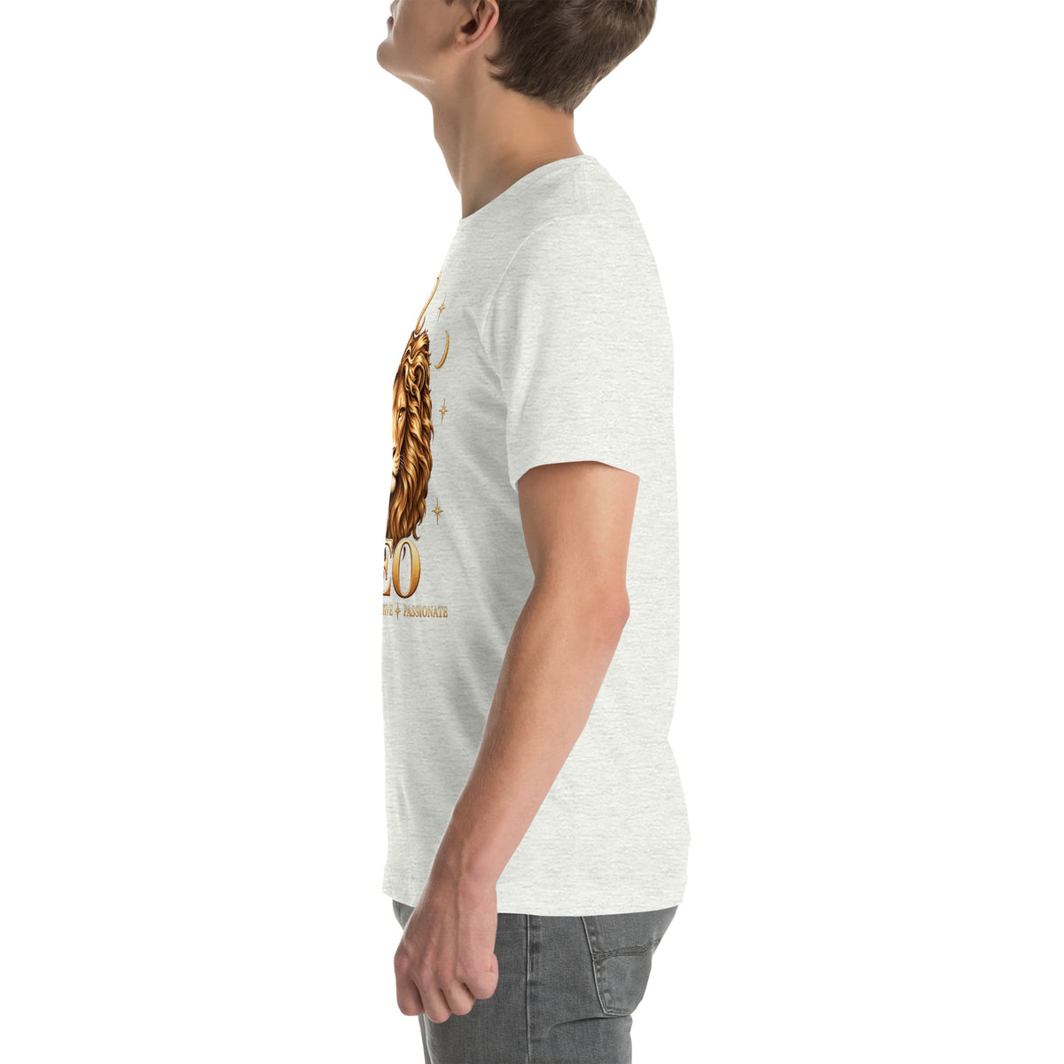 Leo zodiac t-shirt in ash, left side view