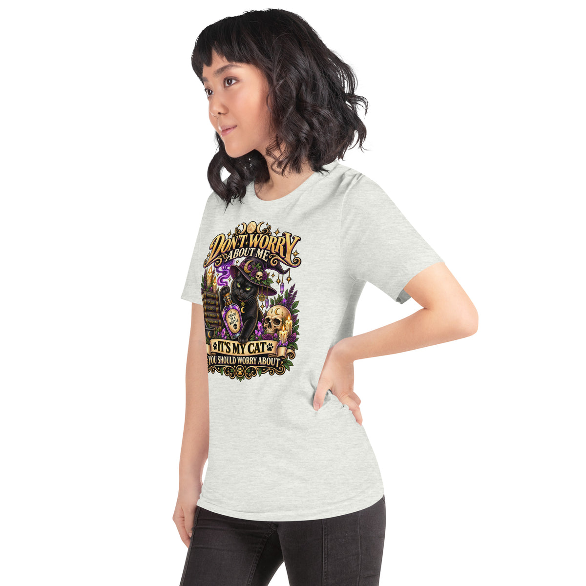 Model wearing an Ash It's My Cat You Should Worry About t-shirt, left side view