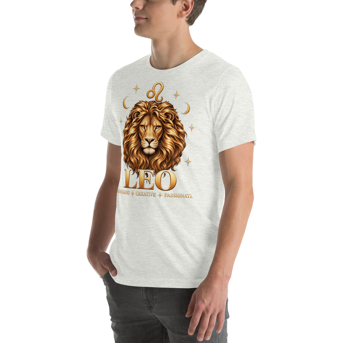 Leo zodiac t-shirt in ash, front view angled left
