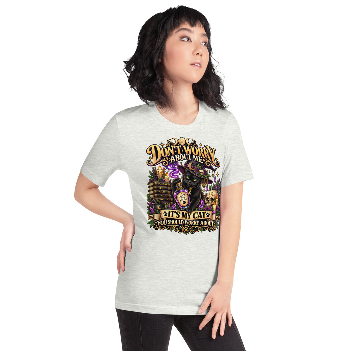 Model wearing an Ash It's My Cat You Should Worry About t-shirt, right side view