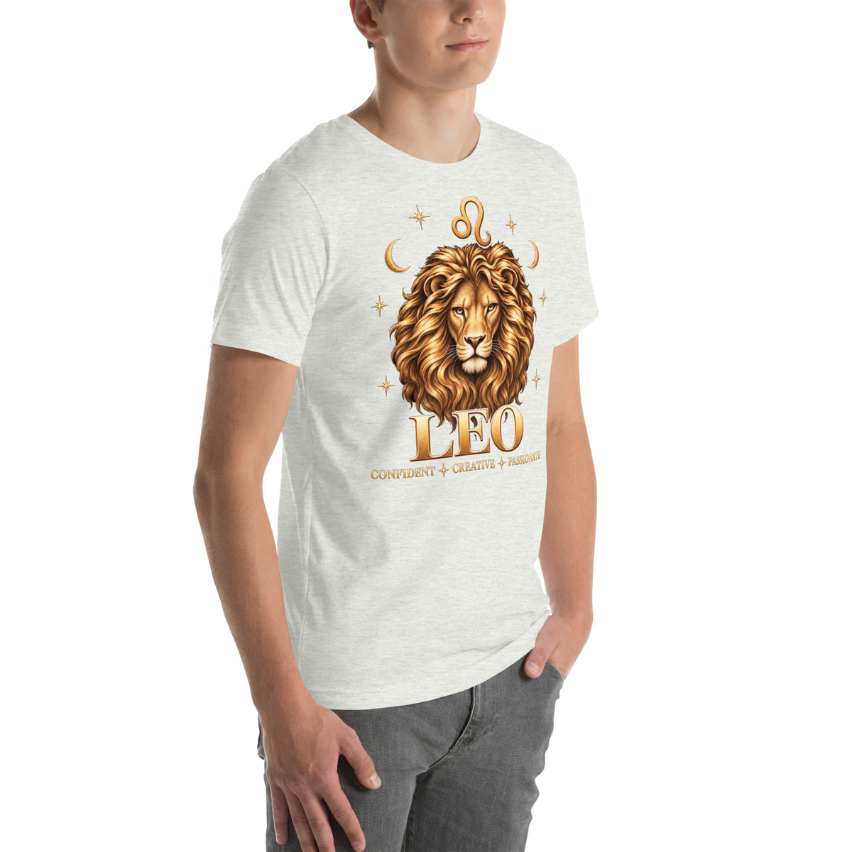 Leo zodiac t-shirt in ash, front view angled right