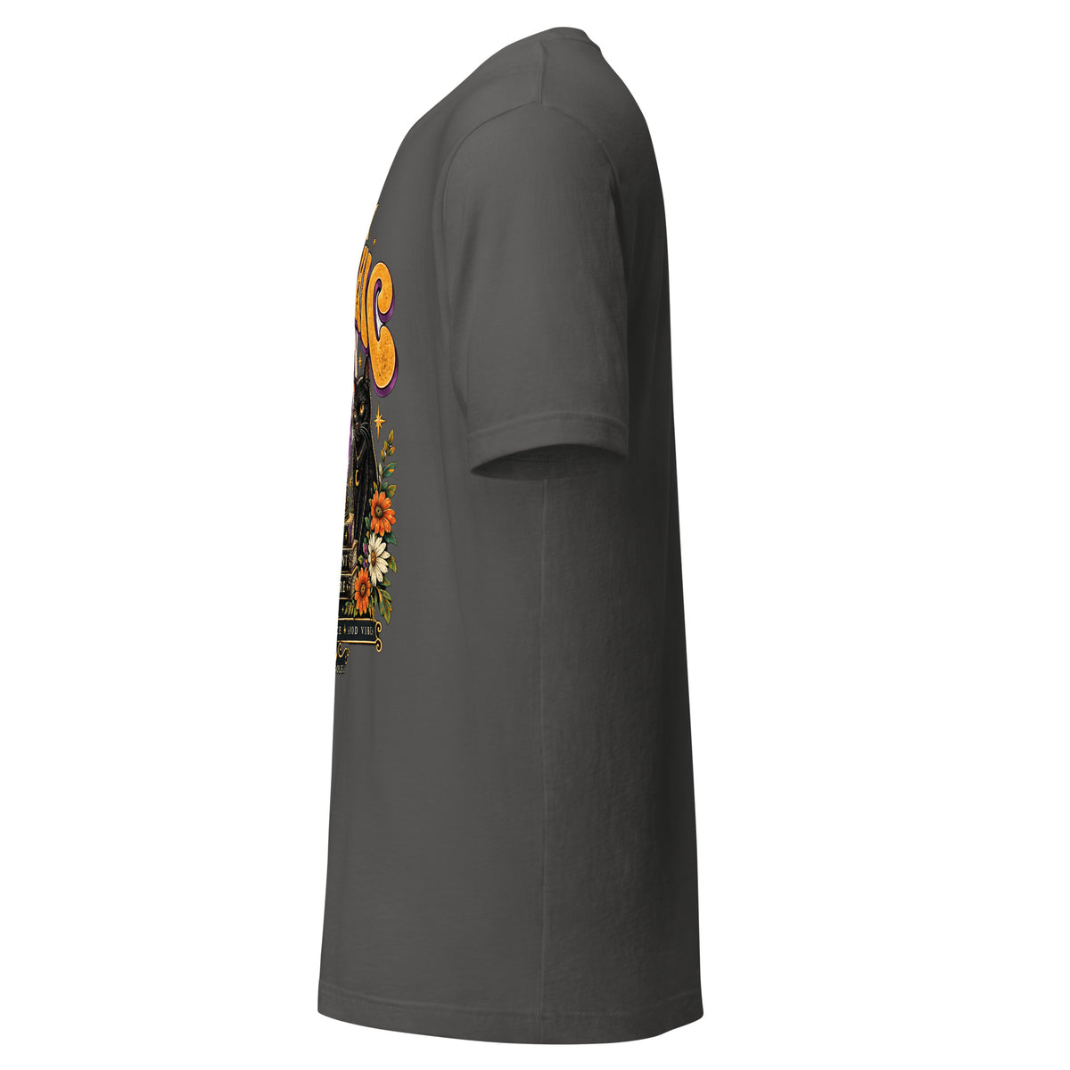 Retro Psychic Is In unisex t-shirt in asphalt, left side, showing the sleeve and side seam.