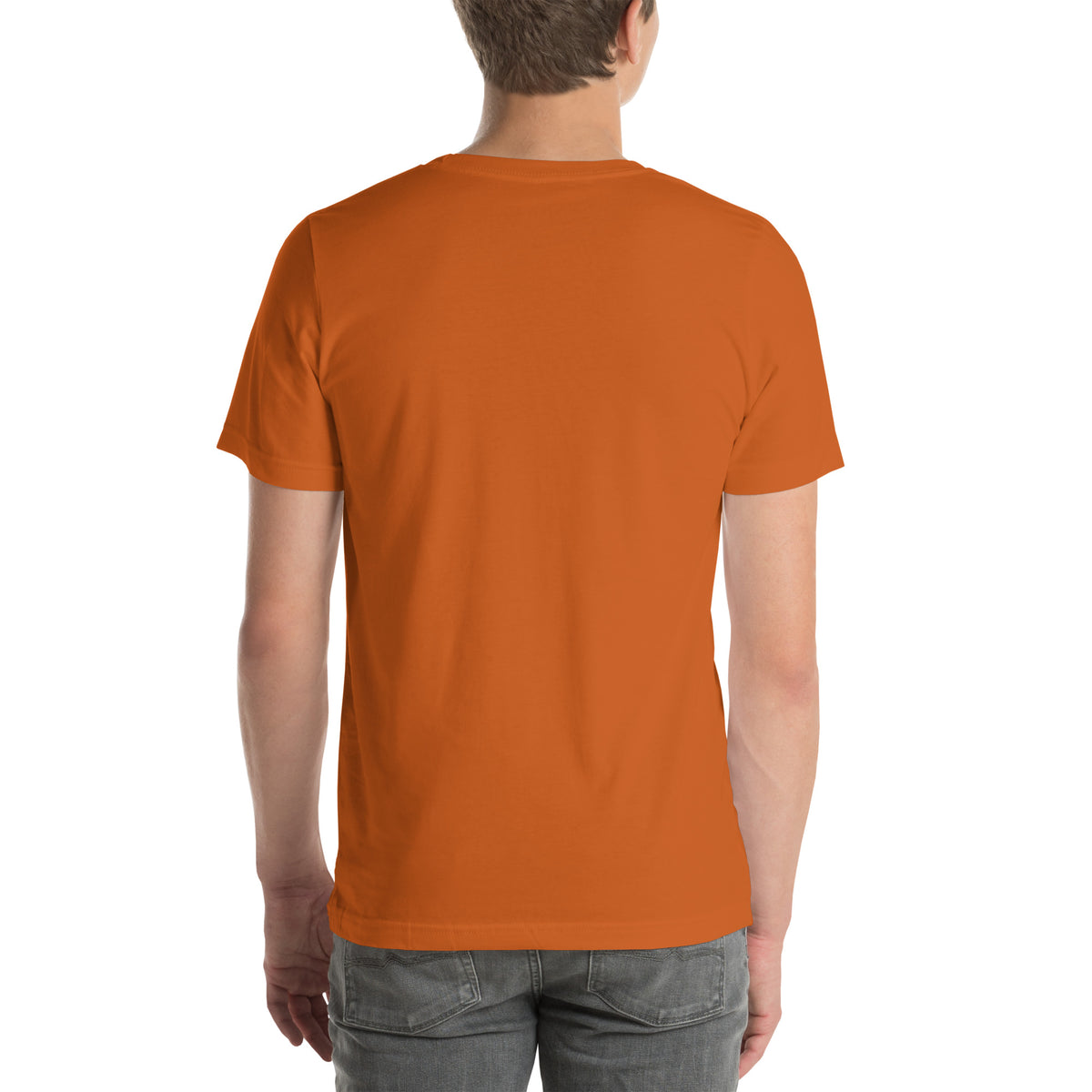 Psychic Is In design, playful floating clouds beneath a banner that reads Psychic Is Open for Business, on an autumn unisex t-shirt, back view