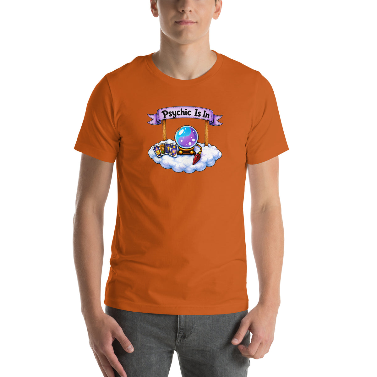 Psychic Is In design, playful floating clouds beneath a banner that reads Psychic Is Open for Business, on an autumn unisex t-shirt, front view
