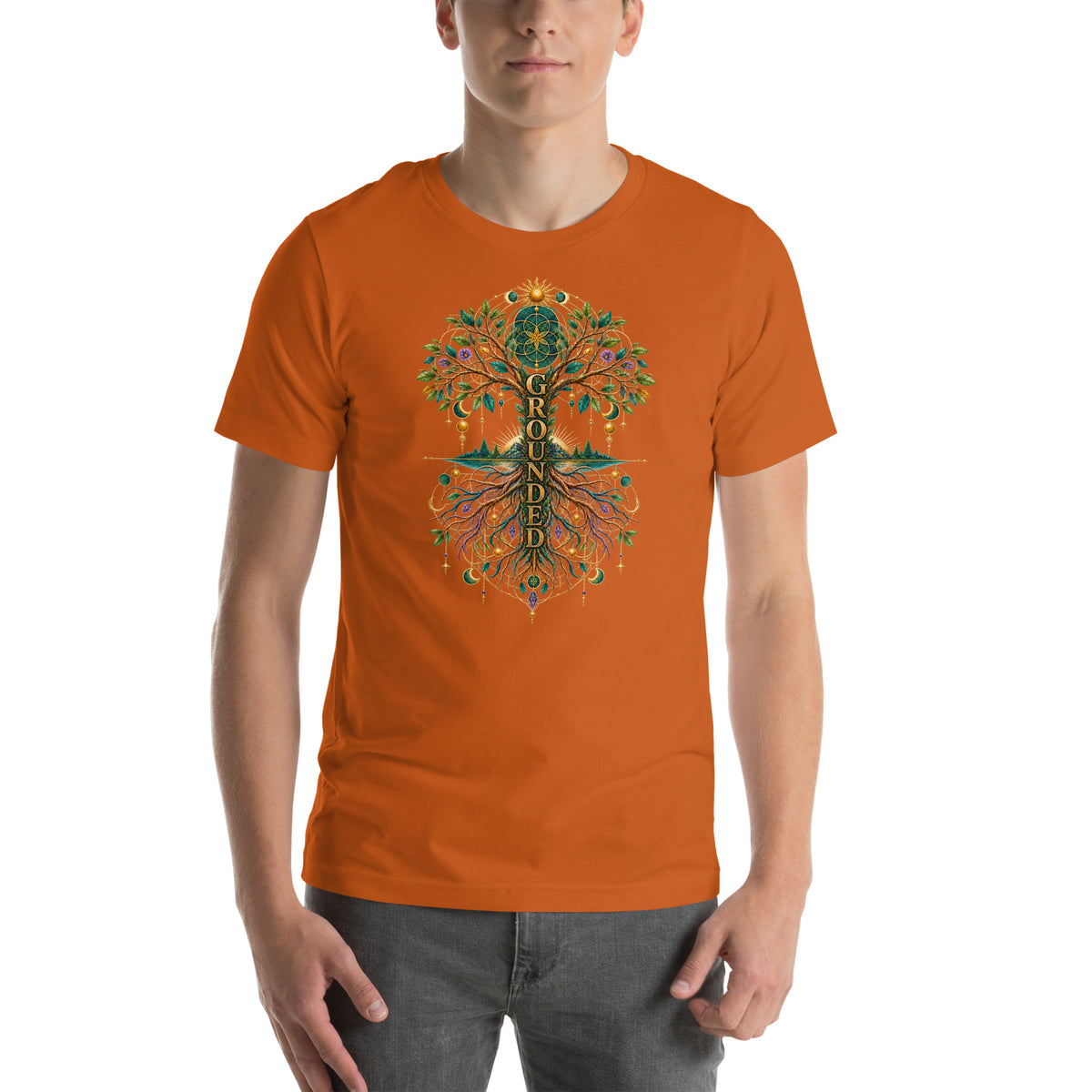 Grounded in Divine Energy design, on an autumn unisex t-shirt, front view