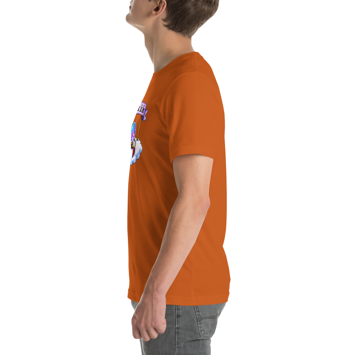 Psychic Is In design, playful floating clouds beneath a banner that reads Psychic Is Open for Business, on an autumn unisex t-shirt, left side view