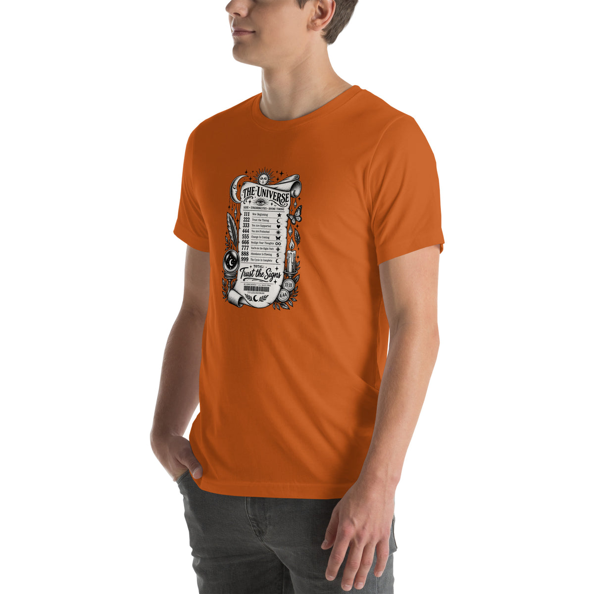 Trust the Signs design, a receipt from the Universe listing the angel numbers and their meanings, with a crystal ball and a candle, on an autumn unisex t-shirt, angled left front view