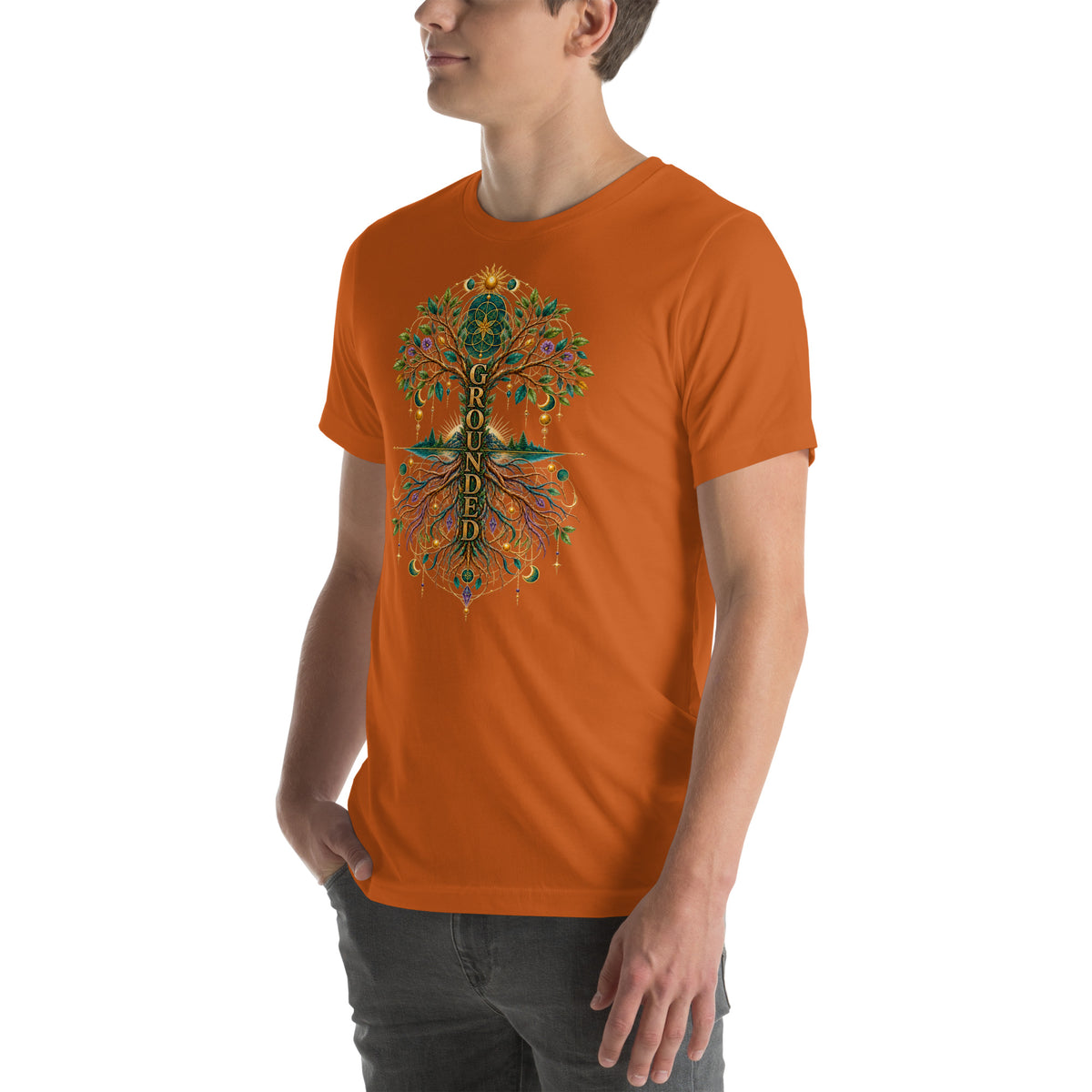 Grounded in Divine Energy design, on an autumn unisex t-shirt, angled left front view