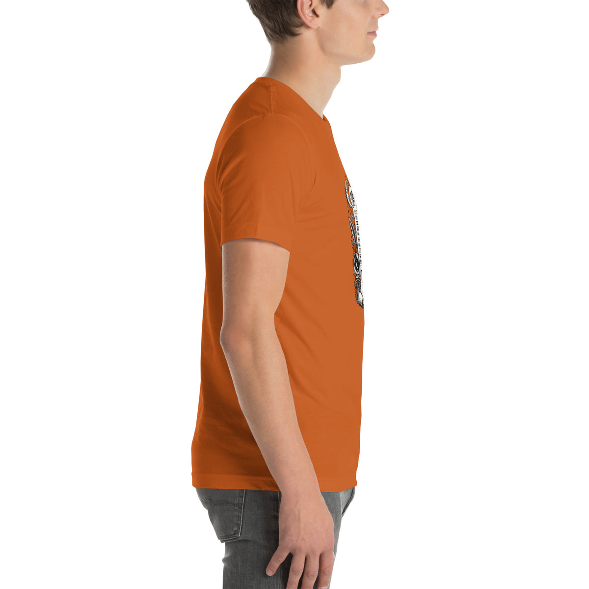 Trust the Signs design, a receipt from the Universe listing the angel numbers and their meanings, with a crystal ball and a candle, on an autumn unisex t-shirt, right side view