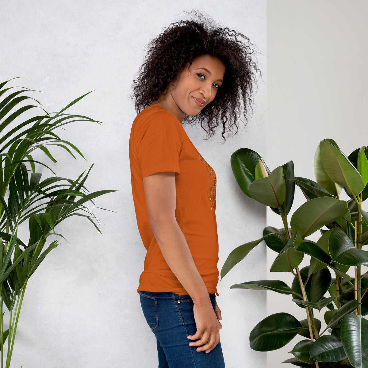 Own Your Grounded Energy design, an ornate tree with gold leaves and crystals in its roots, on an autumn unisex t-shirt, right side view