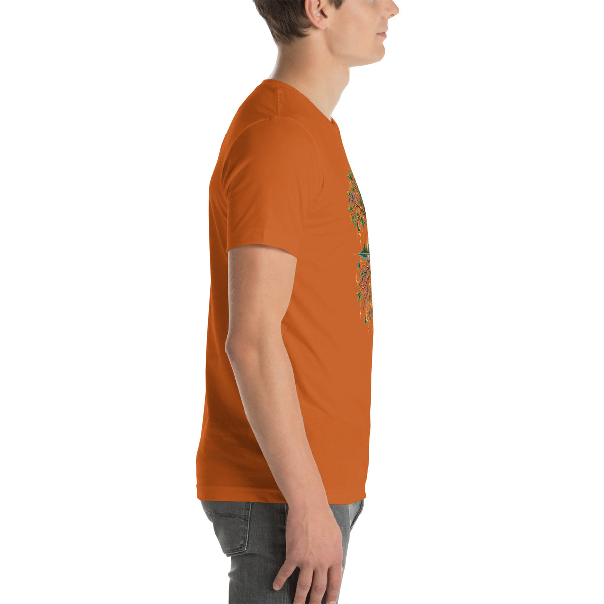 Grounded in Divine Energy design, on an autumn unisex t-shirt, right side view