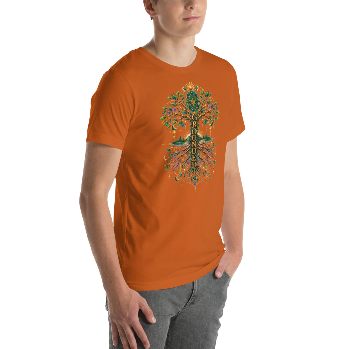 Grounded in Divine Energy design, on an autumn unisex t-shirt, angled right front view
