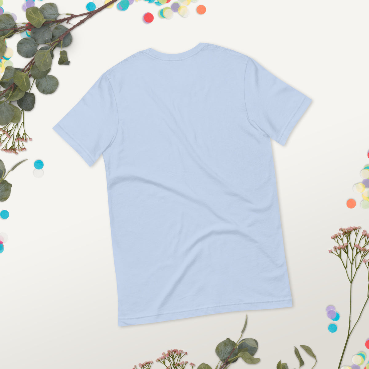 Spirit Whisperer unisex t-shirt in baby blue, back view worn, showing the plain reverse.