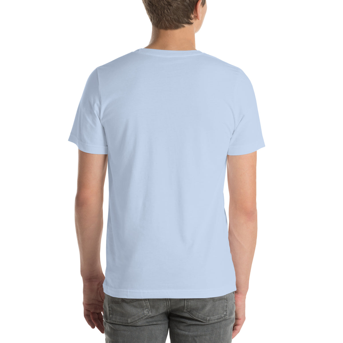 Trust the Signs design, a receipt from the Universe listing the angel numbers and their meanings, with a crystal ball and a candle, on a baby blue unisex t-shirt, back view