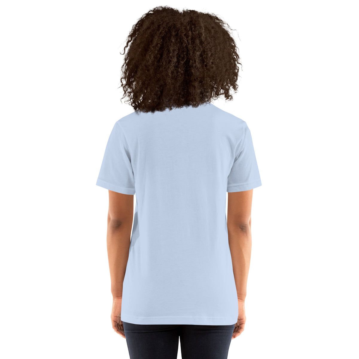 You Left This World Not My Side design, on a baby blue unisex t-shirt worn by a model, plain back view with no design