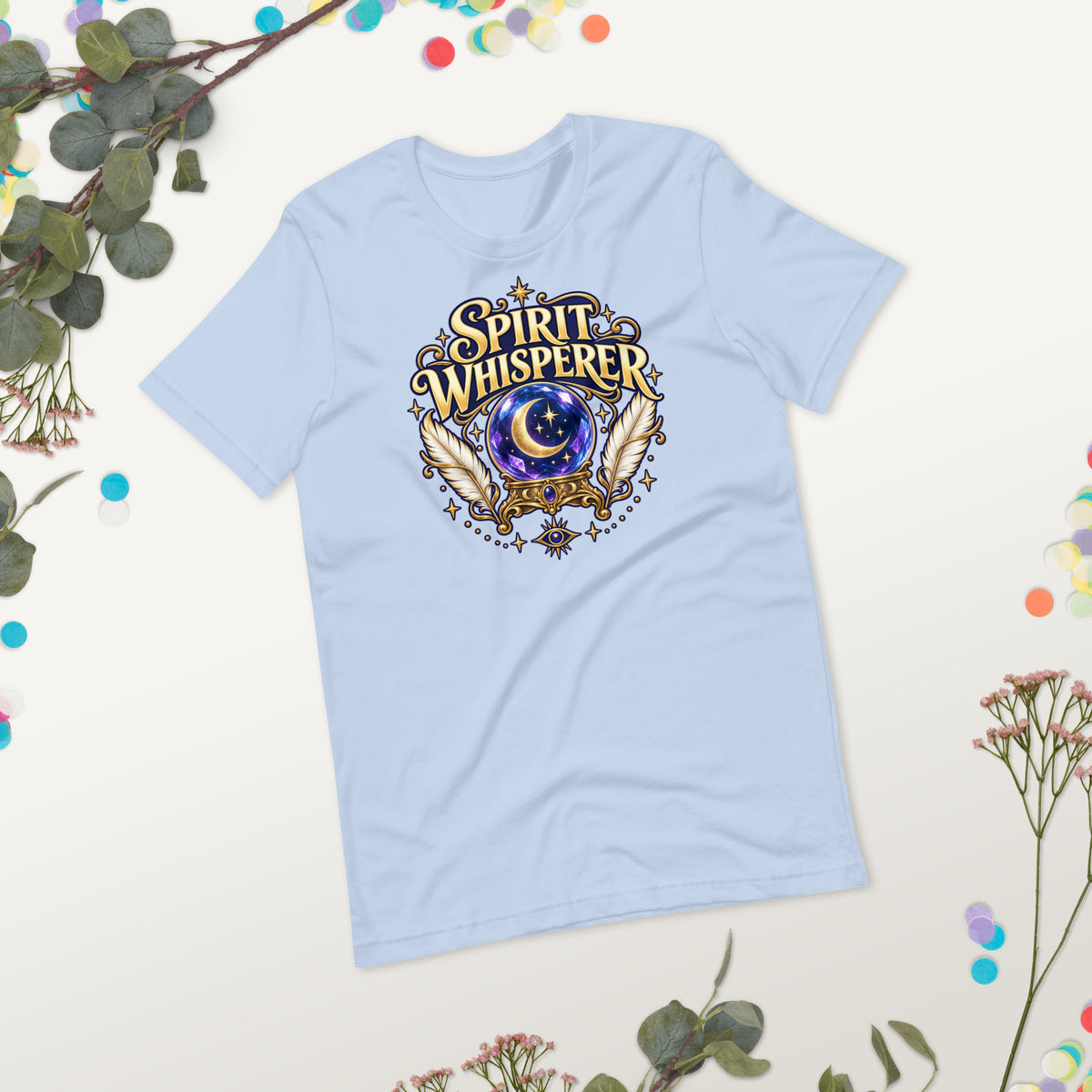 Spirit Whisperer unisex t-shirt in baby blue, front view worn, showing the fit.