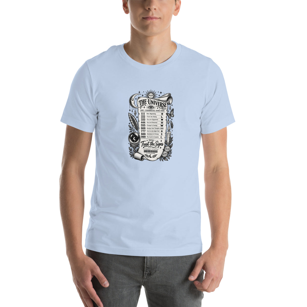 Trust the Signs design, a receipt from the Universe listing the angel numbers and their meanings, with a crystal ball and a candle, on a baby blue unisex t-shirt, front view