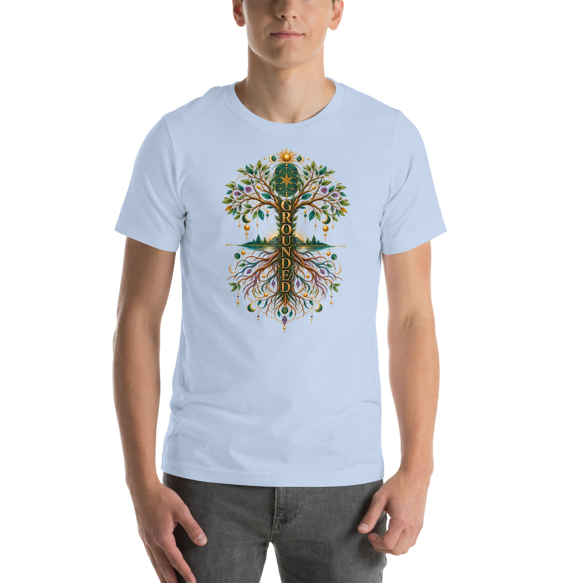 Grounded in Divine Energy design, on a baby blue unisex t-shirt, front view