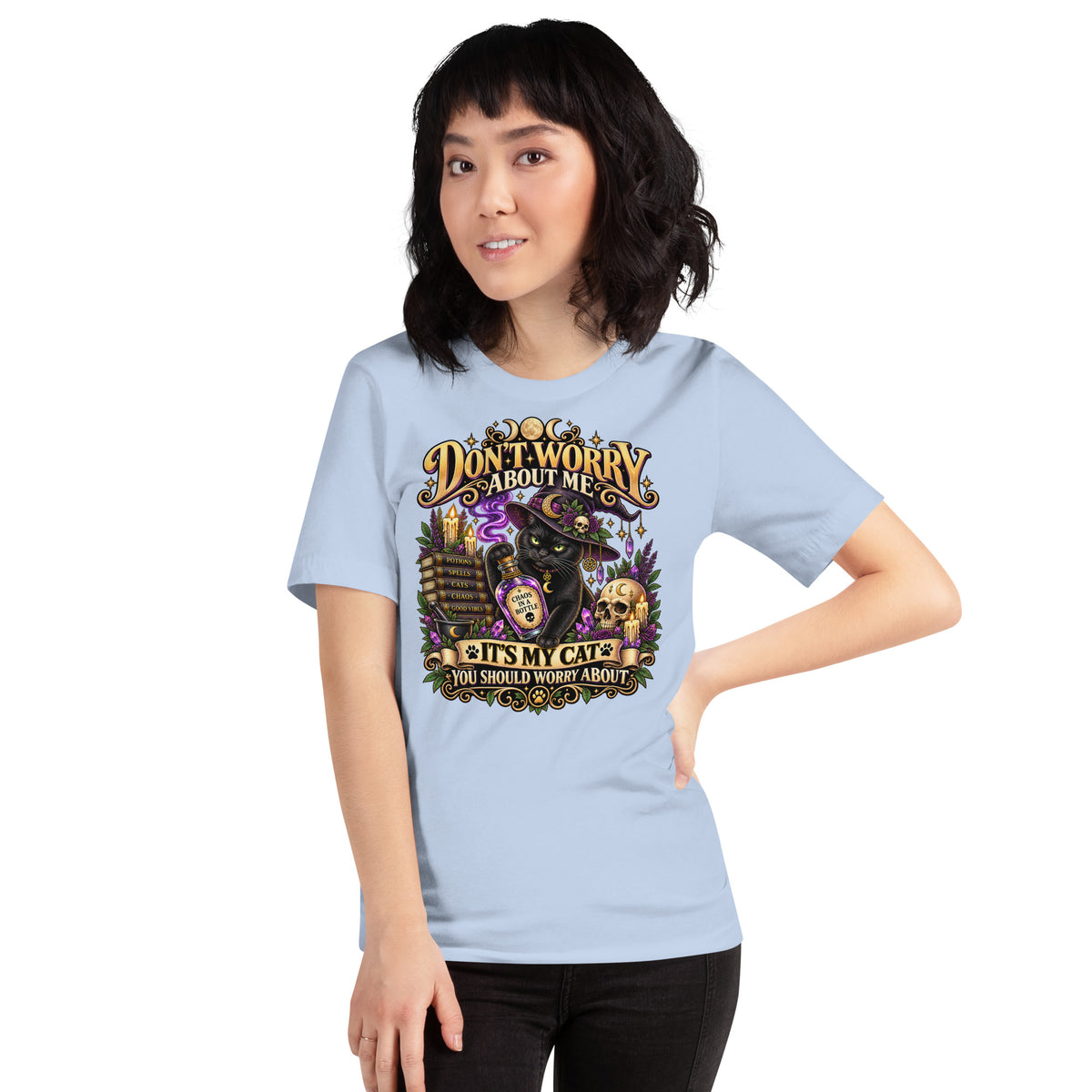 It's My Cat You Should Worry About black cat design on a Baby Blue unisex t-shirt, front view