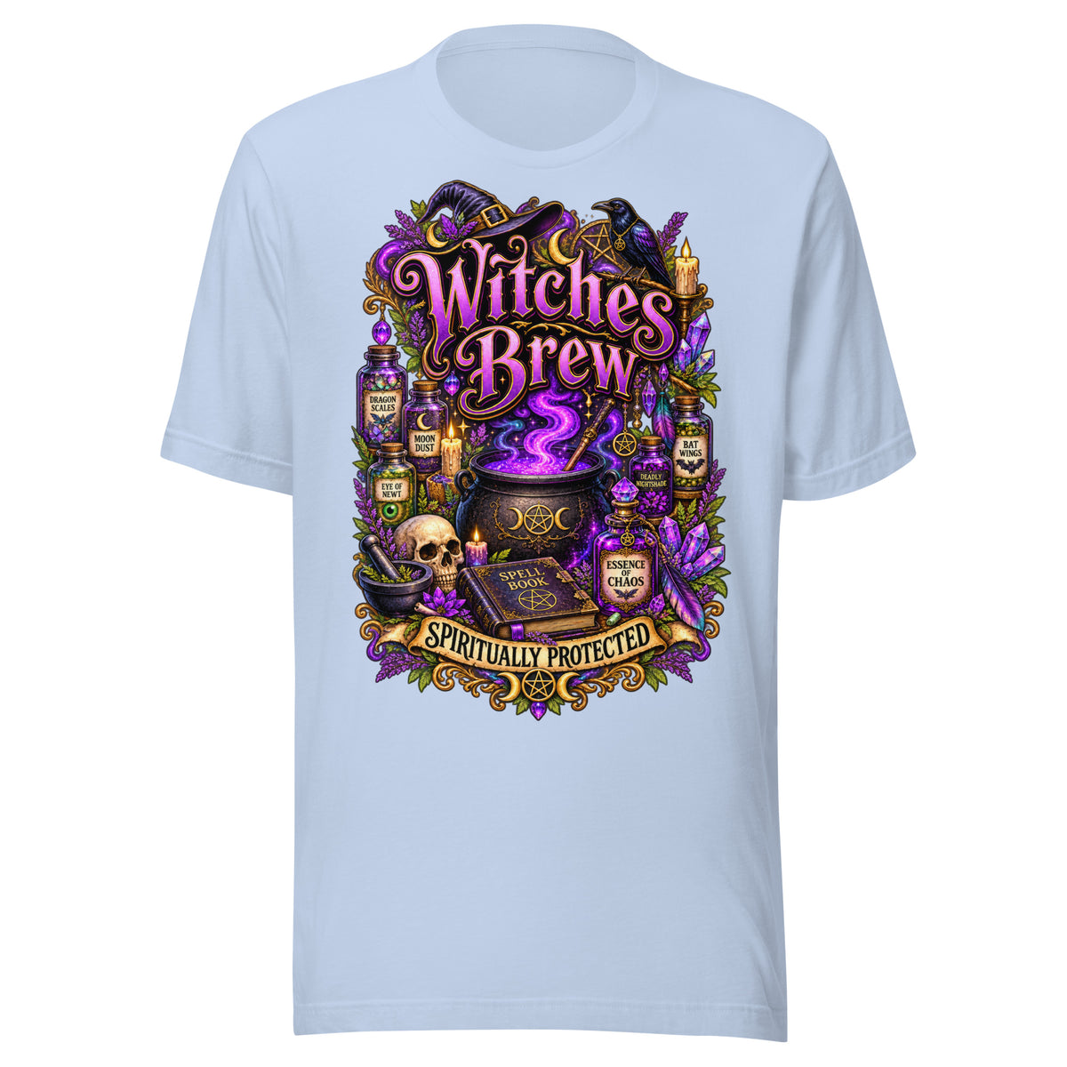 Witches Brew Spiritually Protected design, a bubbling cauldron with potion jars, on a baby blue unisex t-shirt, front view