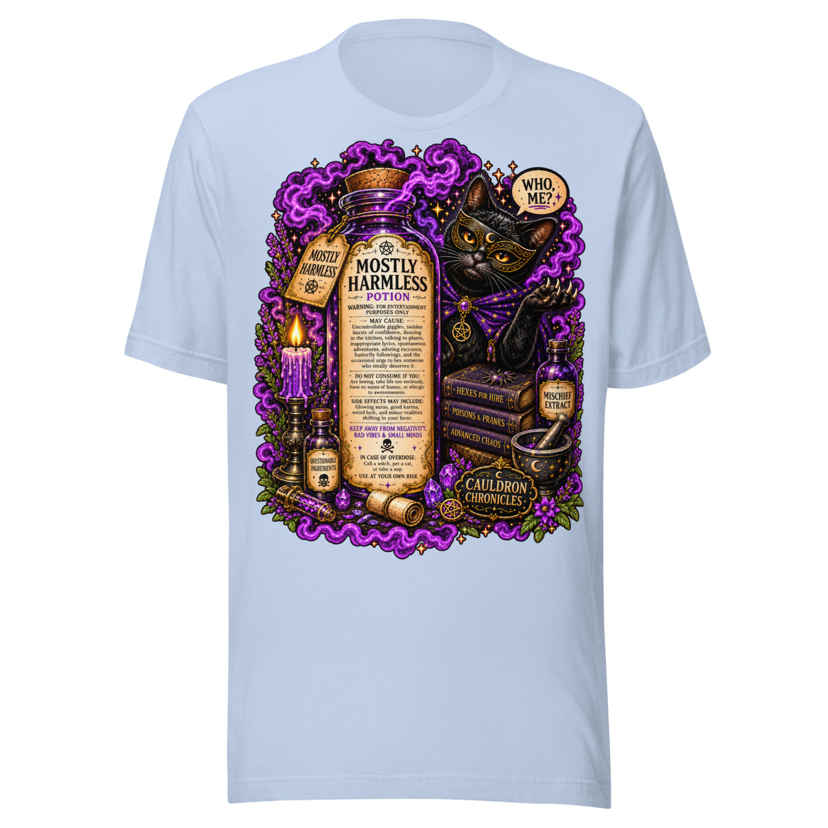 Mostly Harmless design, a potion bottle and a masked black cat, on a baby blue unisex t-shirt, front view