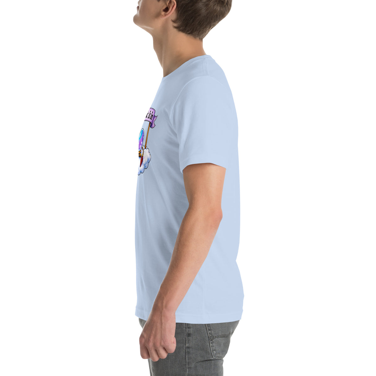 Psychic Is In design, playful floating clouds beneath a banner that reads Psychic Is Open for Business, on a baby blue unisex t-shirt, left side view