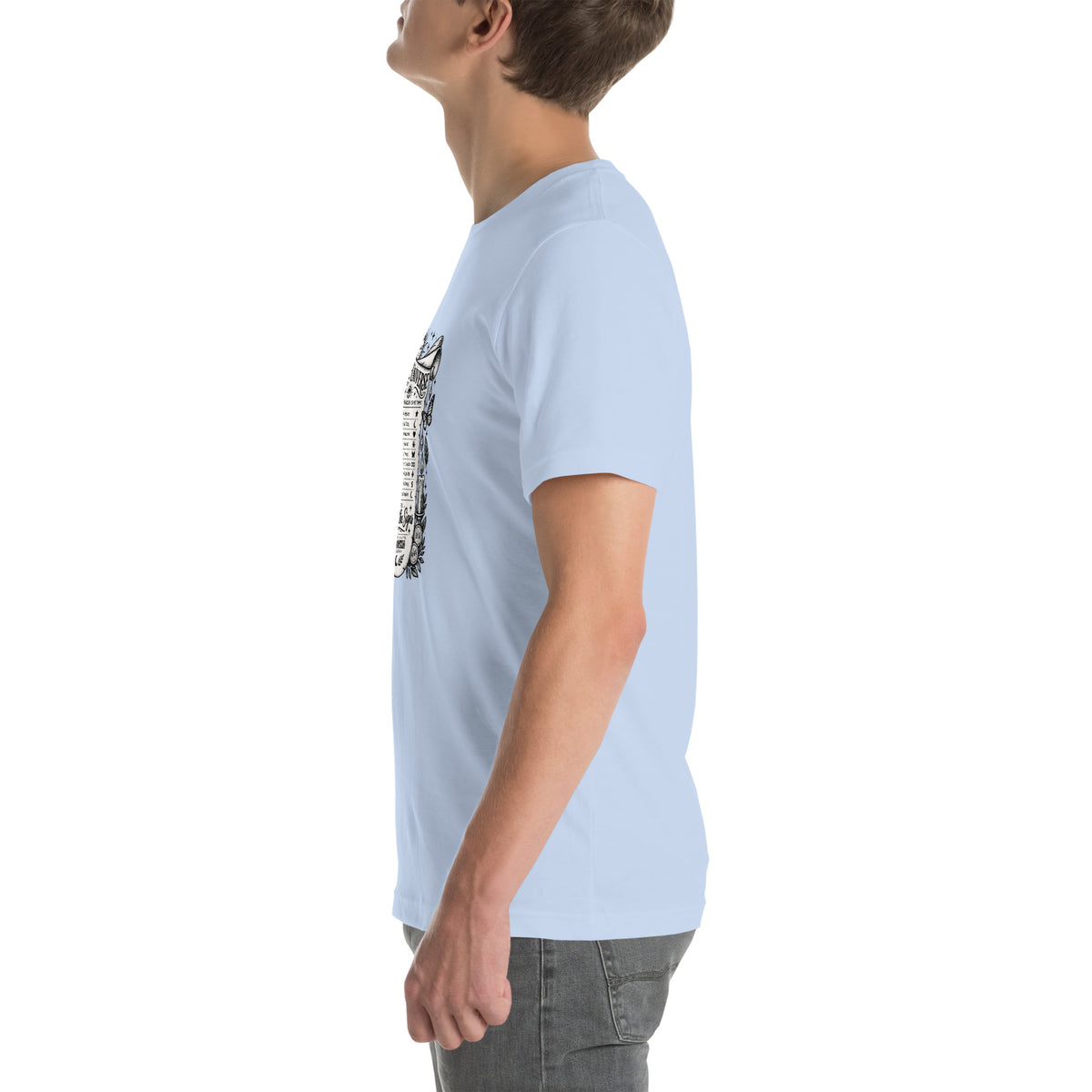 Trust the Signs design, a receipt from the Universe listing the angel numbers and their meanings, with a crystal ball and a candle, on a baby blue unisex t-shirt, left side view