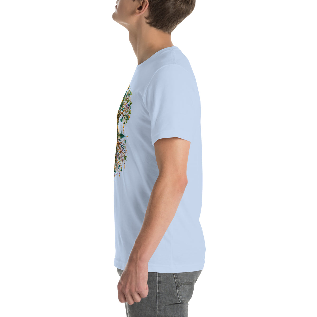 Grounded in Divine Energy design, on a baby blue unisex t-shirt, left side view