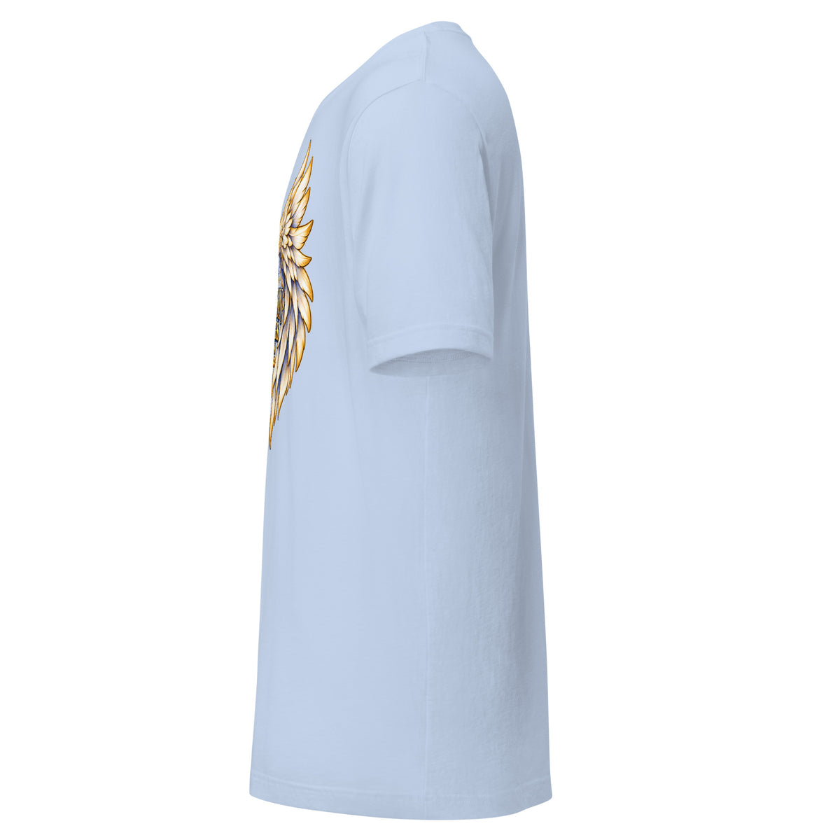 My Person Has Wings In Heaven design, gold and white angel wings curving into a heart around gold lettering with blue star sparkles, on a baby blue unisex t-shirt, left side view