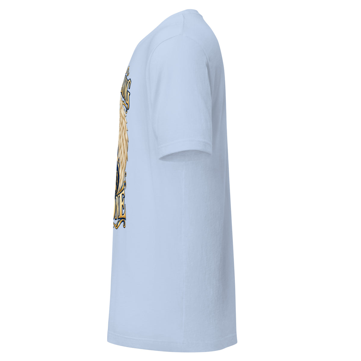 I Am Never Walking Alone design, cream angel wings framing a starry path with gold footprints, on a baby blue unisex t-shirt, left side view
