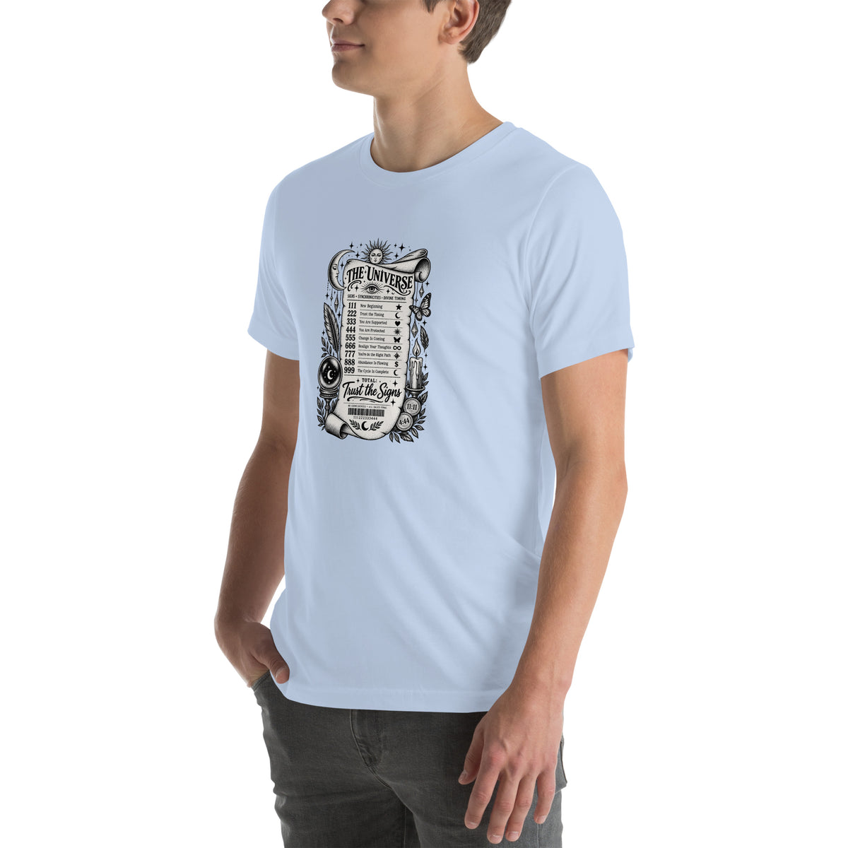 Trust the Signs design, a receipt from the Universe listing the angel numbers and their meanings, with a crystal ball and a candle, on a baby blue unisex t-shirt, left front view