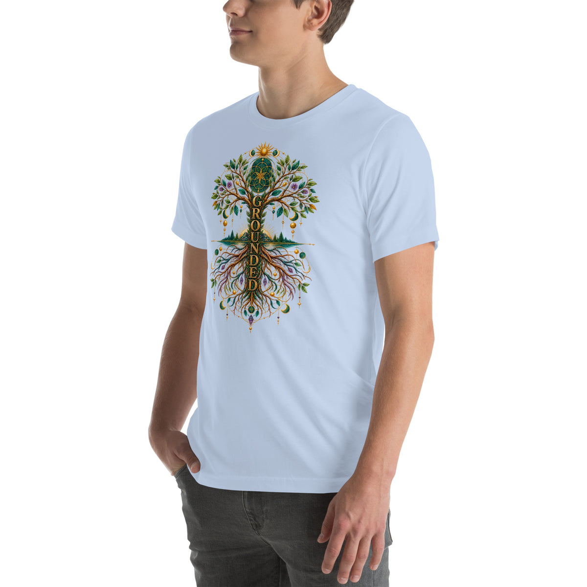 Grounded in Divine Energy design, on a baby blue unisex t-shirt, angled left front view