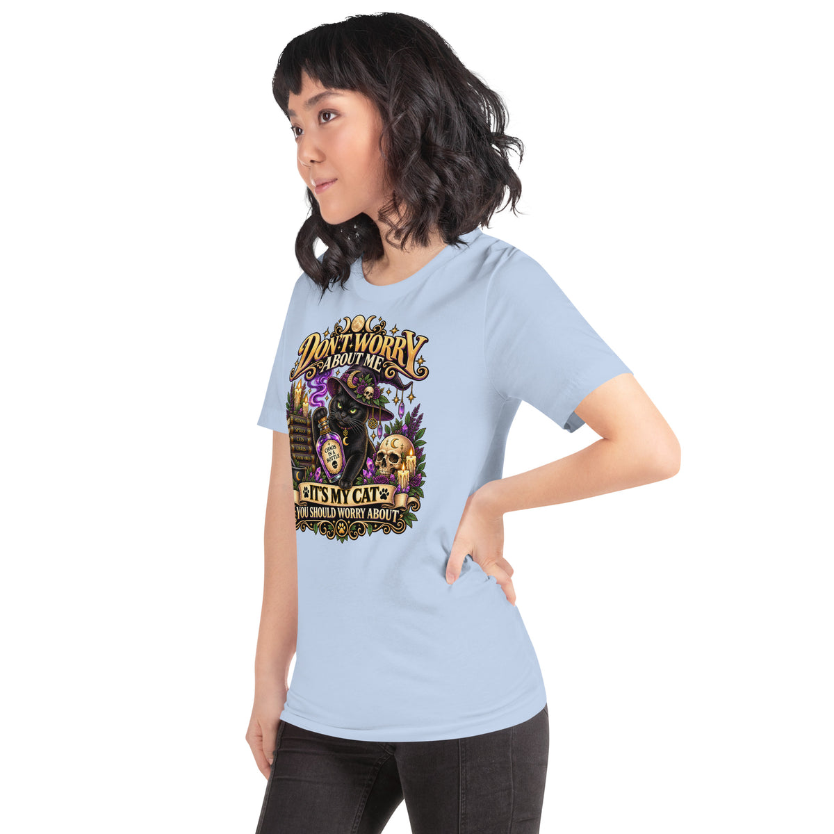 Model wearing a Baby Blue It's My Cat You Should Worry About t-shirt, left side view