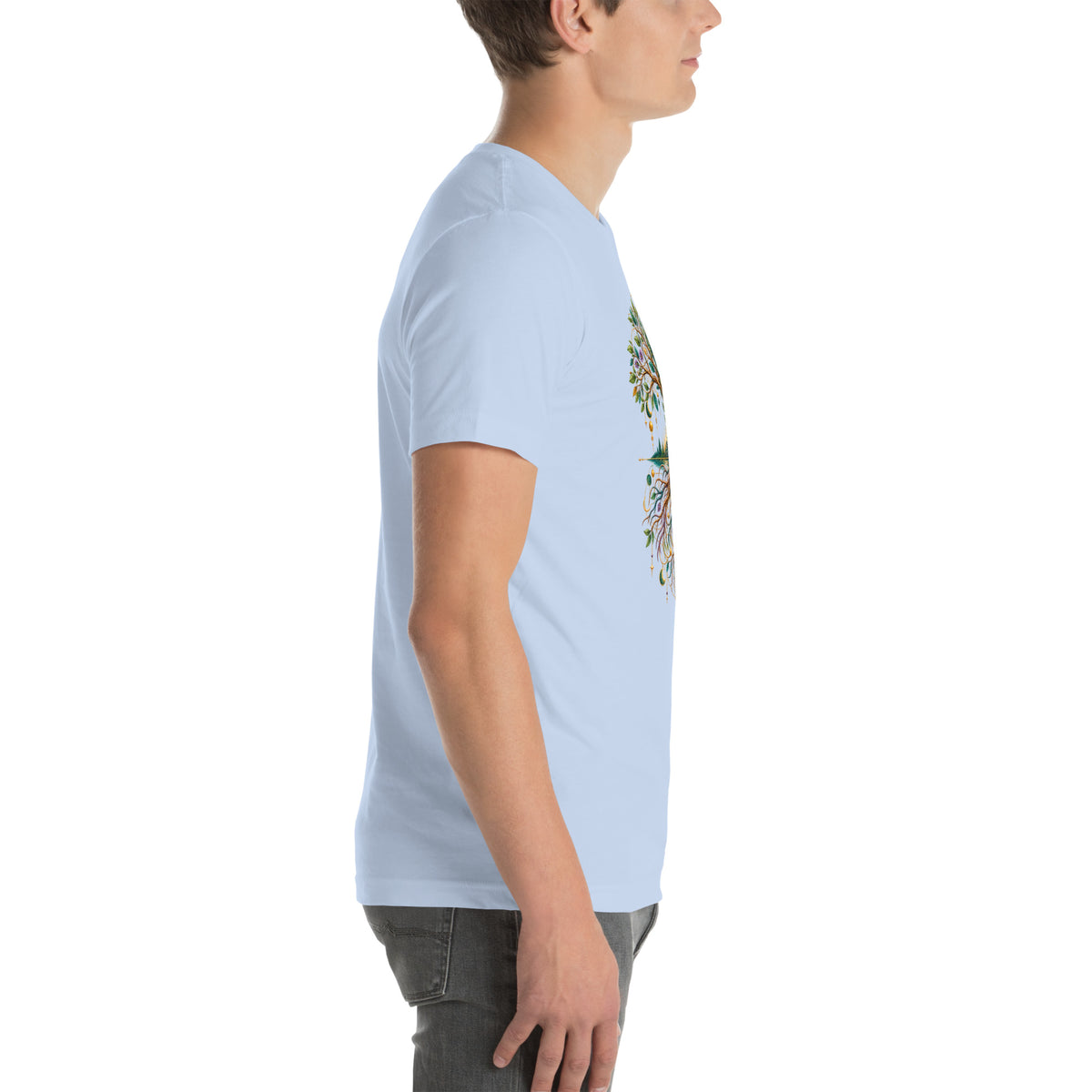 Grounded in Divine Energy design, on a baby blue unisex t-shirt, right side view