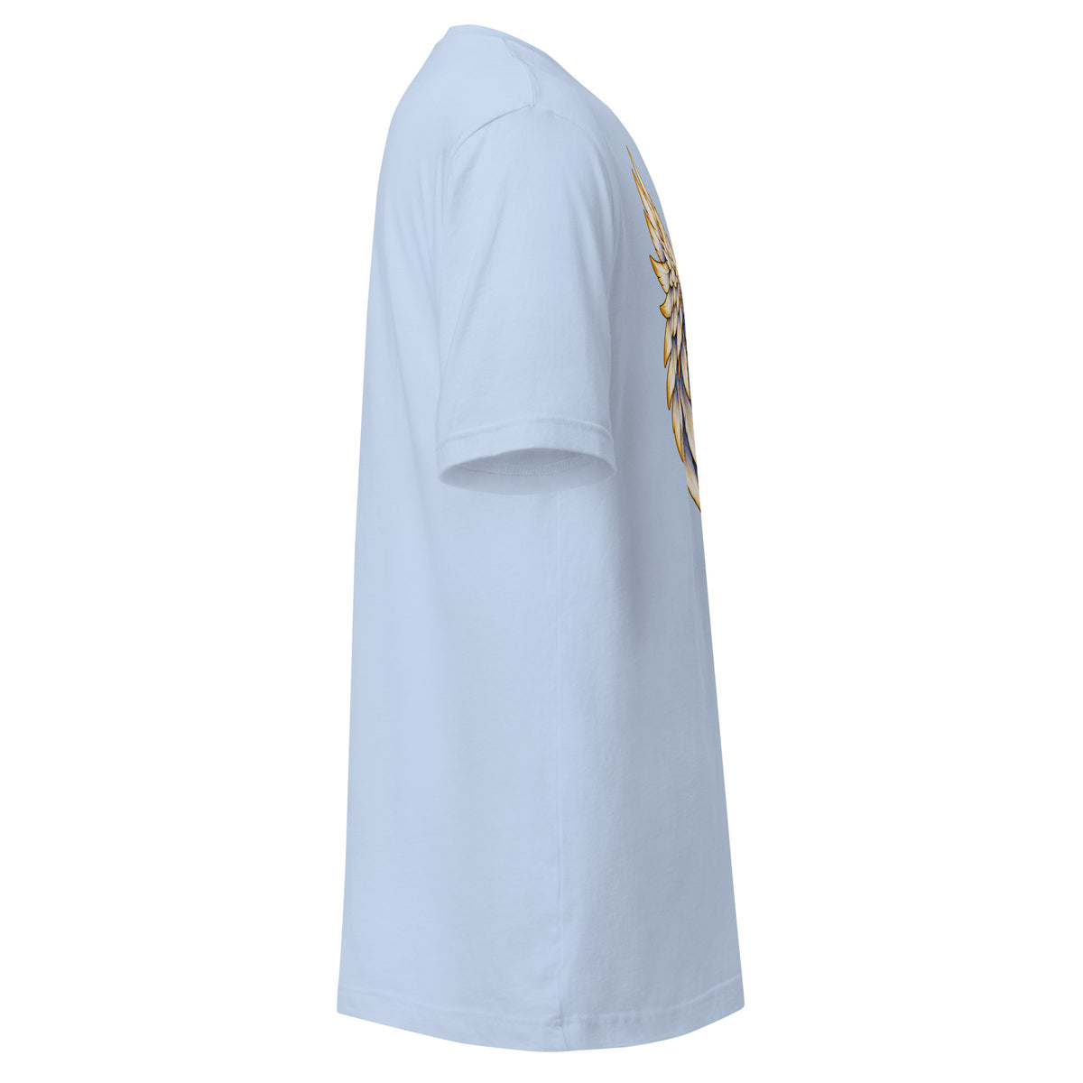 My Person Has Wings In Heaven design, gold and white angel wings curving into a heart around gold lettering with blue star sparkles, on a baby blue unisex t-shirt, right side view