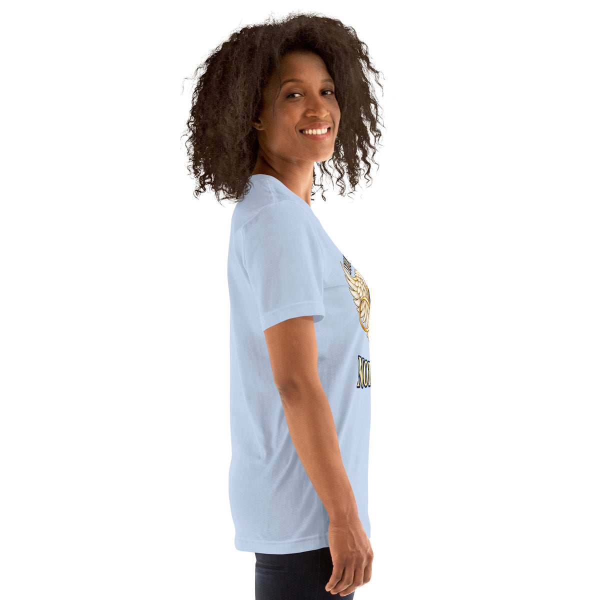 You Left This World Not My Side design, a blue gem heart with cream angel wings and a gold infinity ribbon under gold lettering, on a baby blue unisex t-shirt worn by a model, right side view