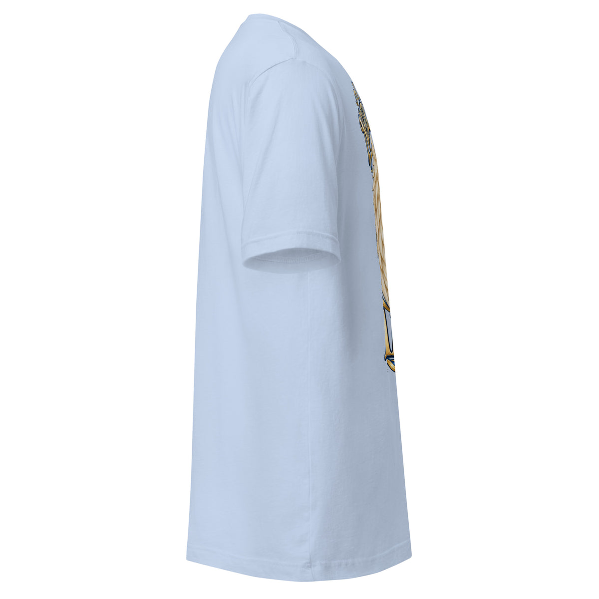 I Am Never Walking Alone design, cream angel wings framing a starry path with gold footprints, on a baby blue unisex t-shirt, right side view