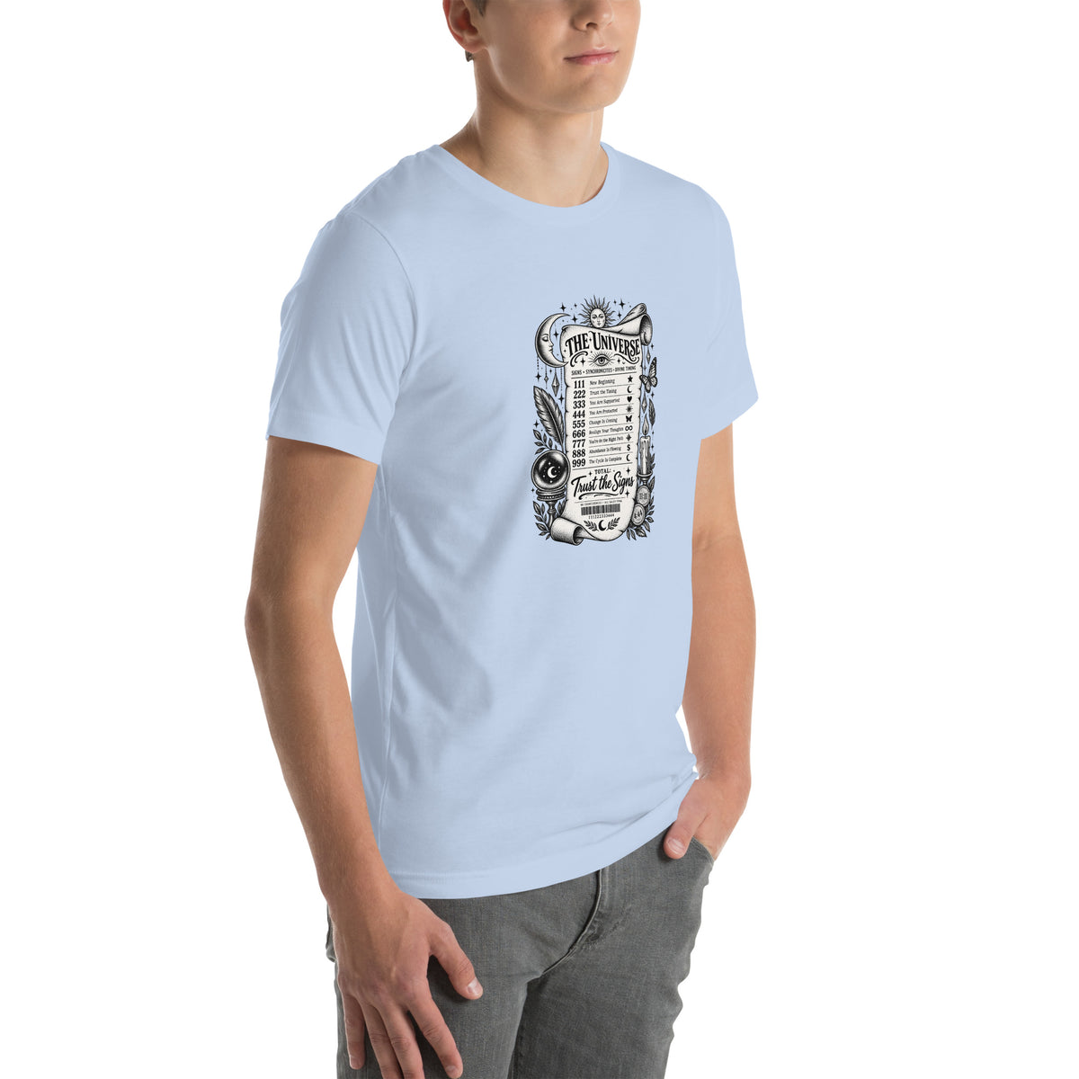 Trust the Signs design, a receipt from the Universe listing the angel numbers and their meanings, with a crystal ball and a candle, on a baby blue unisex t-shirt, right front view