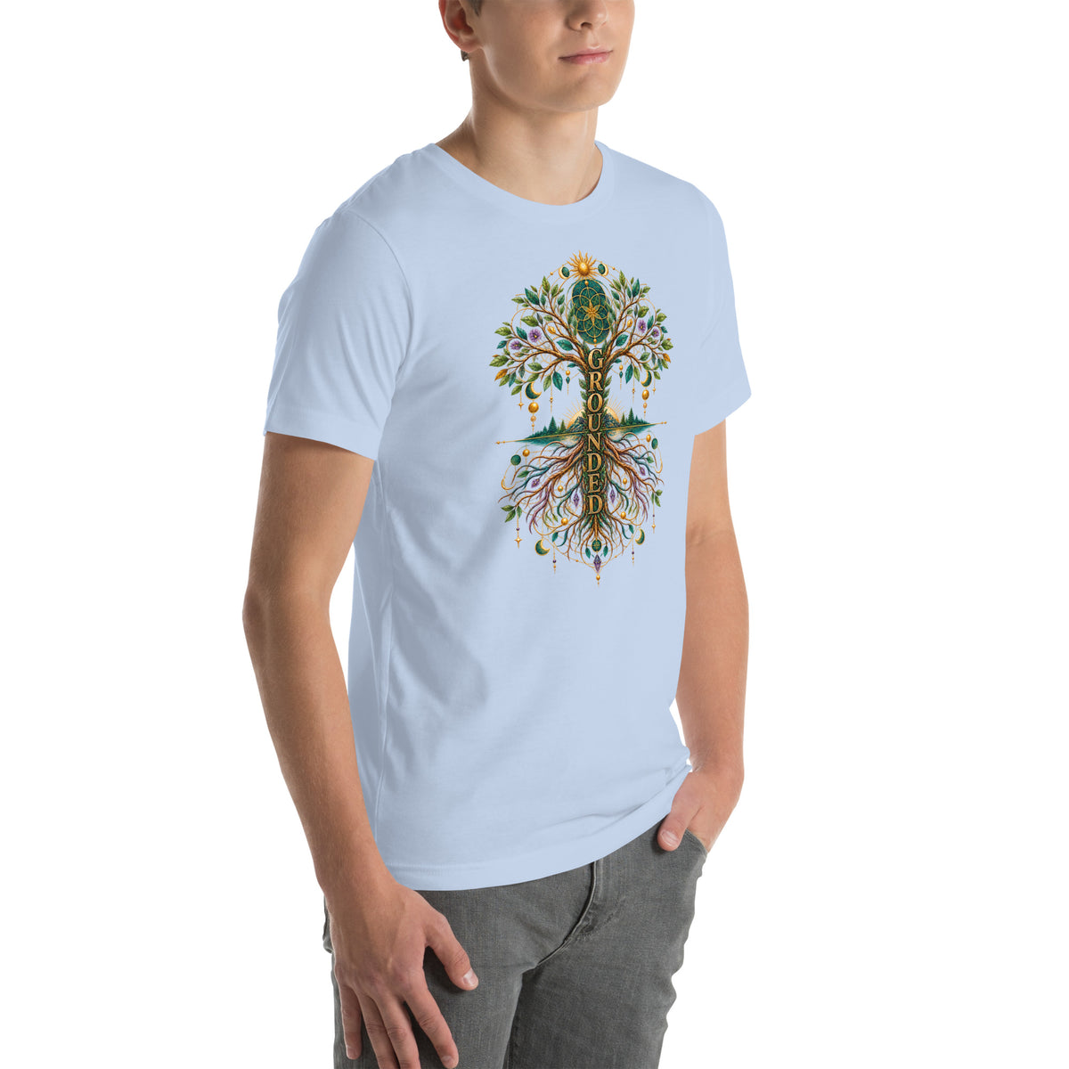 Grounded in Divine Energy design, on a baby blue unisex t-shirt, angled right front view