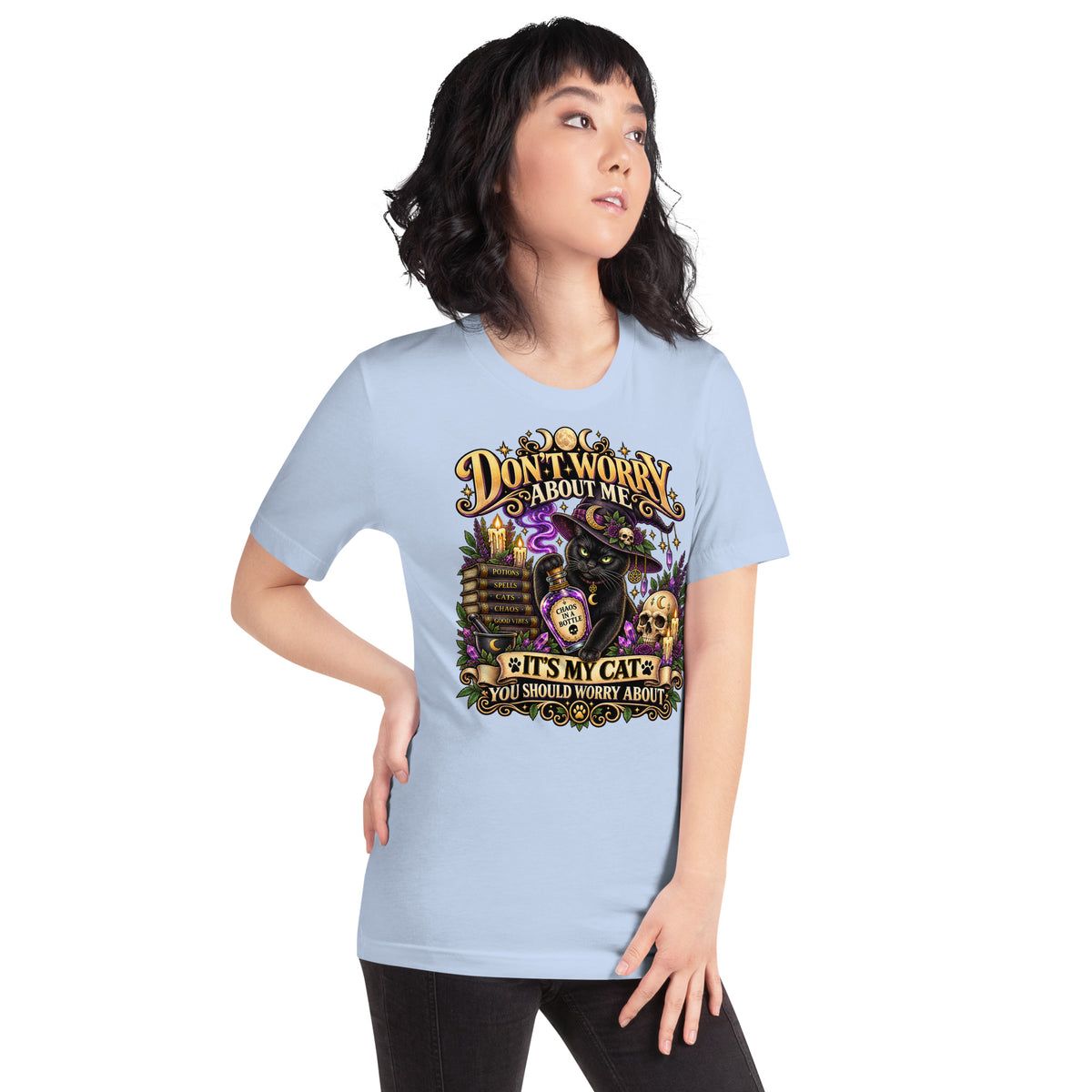 Model wearing a Baby Blue It's My Cat You Should Worry About t-shirt, right side view