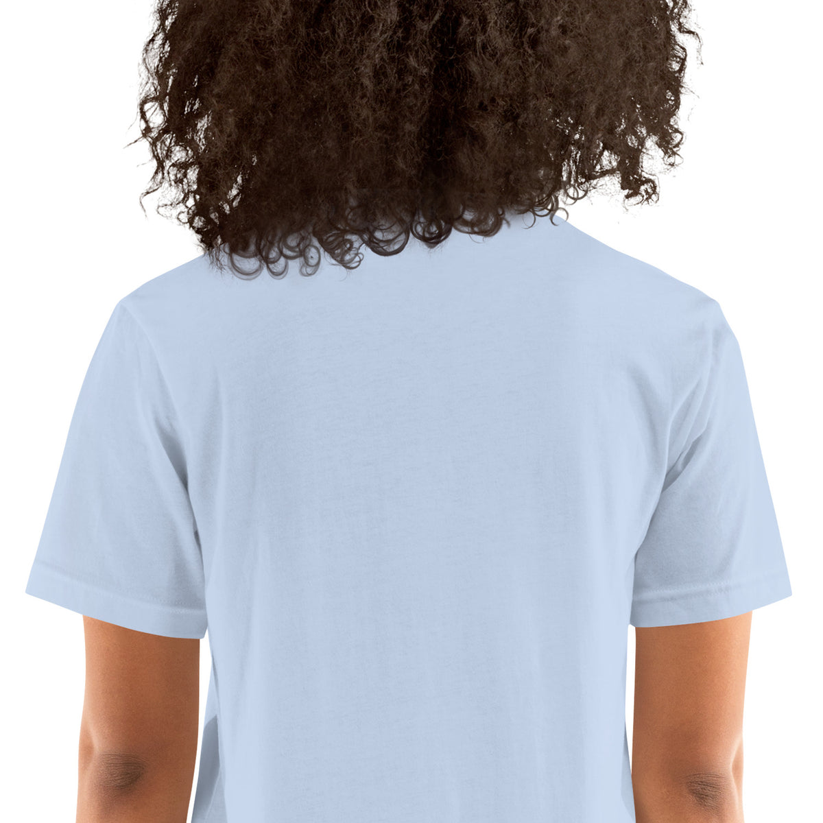 You Left This World Not My Side design, close-up of the plain back of a baby blue unisex t-shirt worn by a model, no design visible