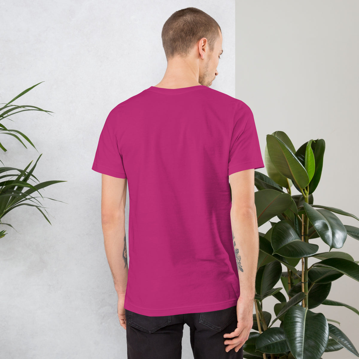 11:11 angel number design, the number set in plain white type above Notice, Align, Receive, on a berry unisex t-shirt, back view